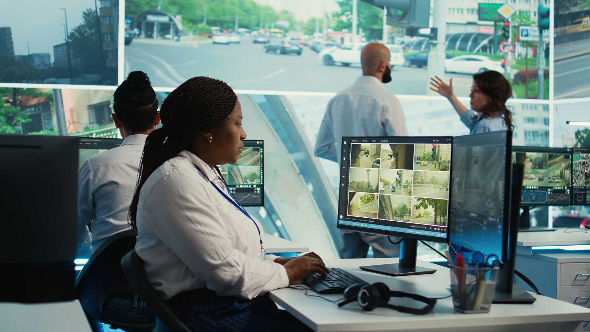 African american employee gathers data on cars in traffic through red light radar